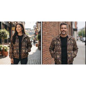 CoAco Vintage Silk Bomber Jacket L – Unisex Tribal Aztec Print Zip Up